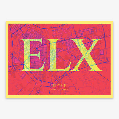 Decorative map of  composed with letters in serif font printed on yellow and fuchsia