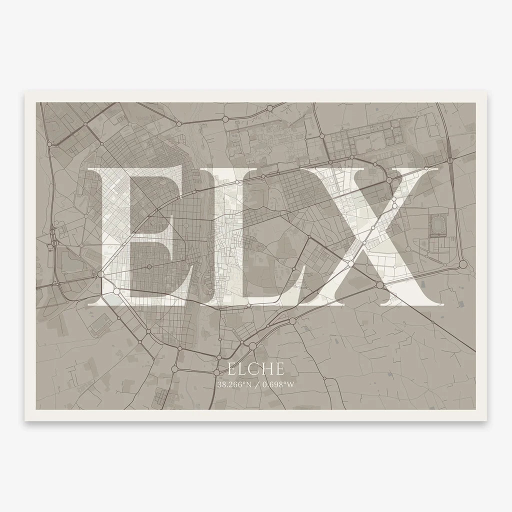 Decorative map of  composed with letters in serif font printed on light brown and an off-white background