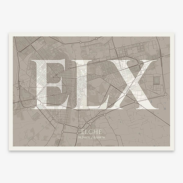 Decorative map of  composed with letters in serif font printed on light brown and an off-white background