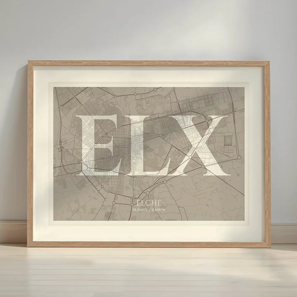 Framed Elche in Classic design, inspired by chiseled typography with an elegant font that creates a beautiful visual contrast designed in light brown and an off-white background with a white margin border in a warm lit minimalist setting