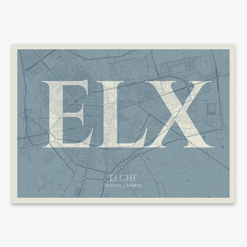 Decorative map of  composed with letters in serif font printed on bluish gray and an off-white background