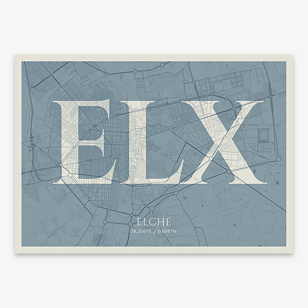 Decorative map of  composed with letters in serif font printed on bluish gray and an off-white background