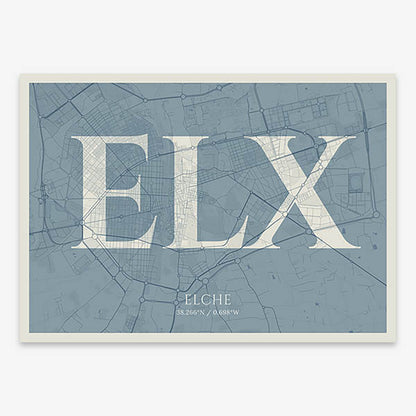 Decorative map of  composed with letters in serif font printed on bluish gray and an off-white background