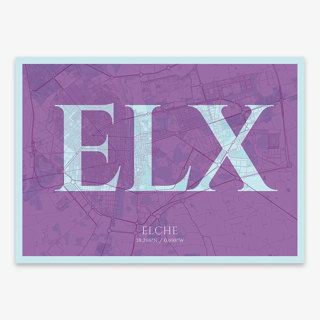 Decorative map of  composed with letters in serif font printed on purple and light blue