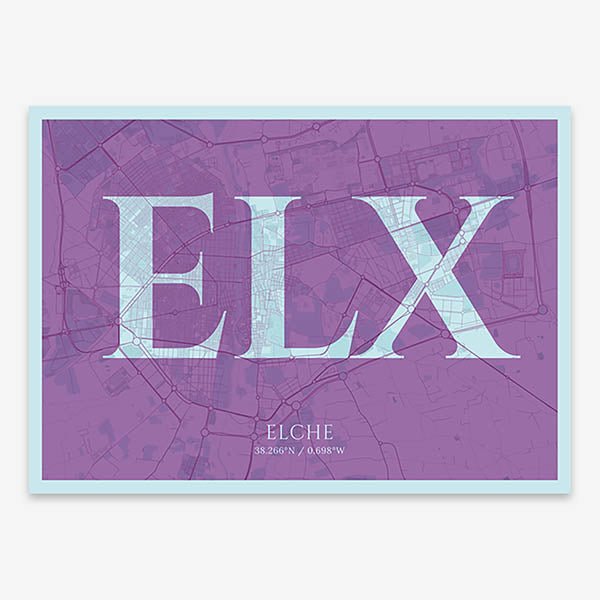 Decorative map of  composed with letters in serif font printed on purple and light blue