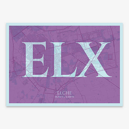 Decorative map of  composed with letters in serif font printed on purple and light blue