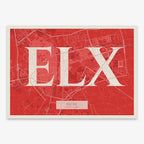 Decorative map of  composed with letters in serif font printed on red and an off-white background