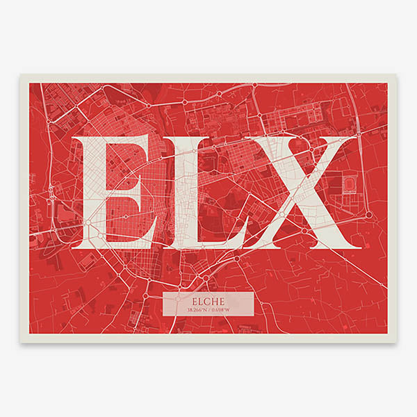 Decorative map of  composed with letters in serif font printed on red and an off-white background