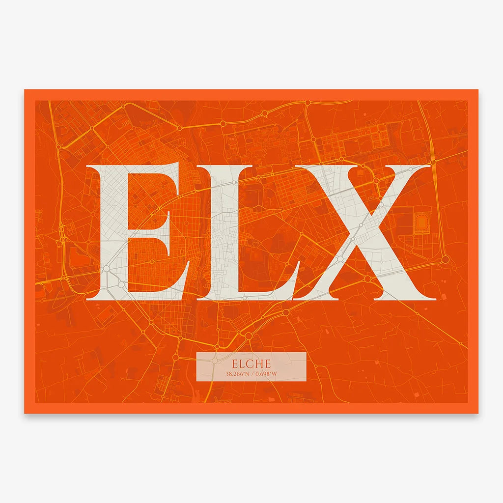 Decorative map of  composed with letters in serif font printed on orange and an off-white background