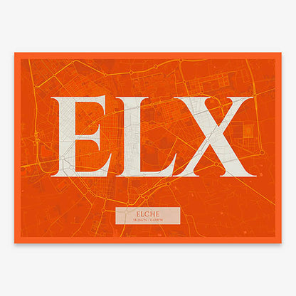Decorative map of  composed with letters in serif font printed on orange and an off-white background