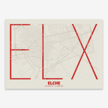 The map of Elche composed with letters in extra light font printed on red and an off-white background