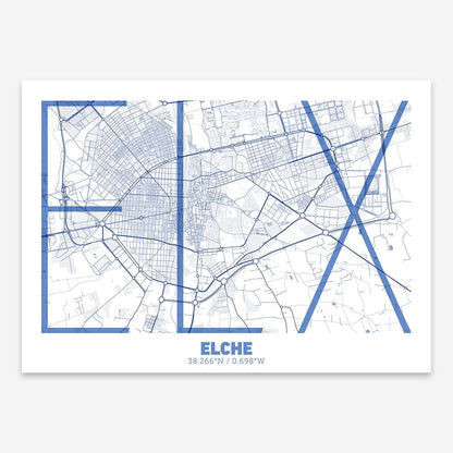 The map of Elche composed with letters in extra light font printed on navy blue and white