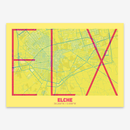 The map of Elche composed with letters in extra light font printed on yellow and fuchsia