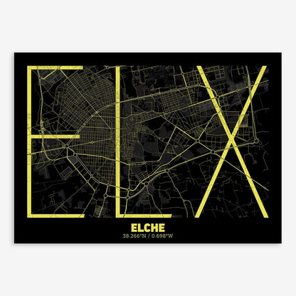The map of Elche composed with letters in extra light font printed on black and yellow