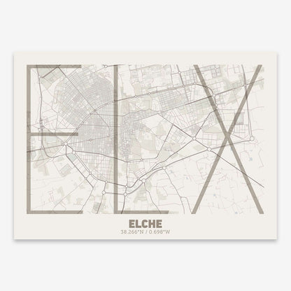 The map of Elche composed with letters in extra light font printed on light brown and an off-white background