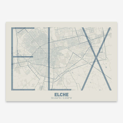 The map of Elche composed with letters in extra light font printed on bluish gray and an off-white background