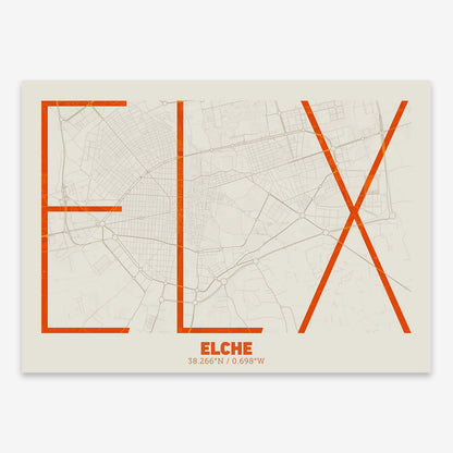 The map of Elche composed with letters in extra light font printed on orange and an off-white background
