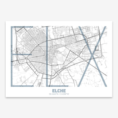 The map of Elche composed with letters in extra light font printed on black and white