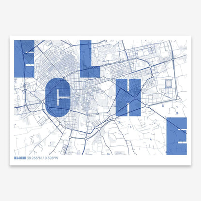The map of Elche with letters of its name placed randomly, designed in navy blue and white