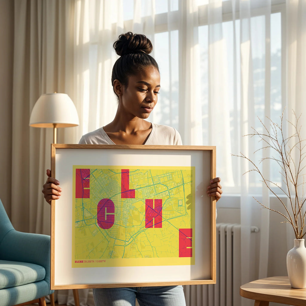 Modern interior design with a Elche in Unruled design, where the city name letters appear randomly across different lines for a truly original urban layout designed in yellow and fuchsia, displayed on a living room wall