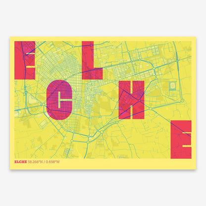 The map of Elche with letters of its name placed randomly, designed in yellow and fuchsia