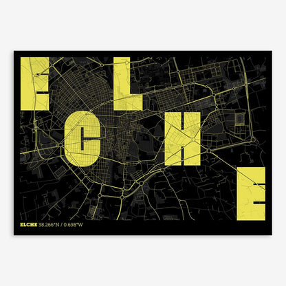 The map of Elche with letters of its name placed randomly, designed in black and yellow