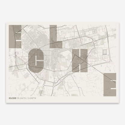 The map of Elche with letters of its name placed randomly, designed in light brown and an off-white background