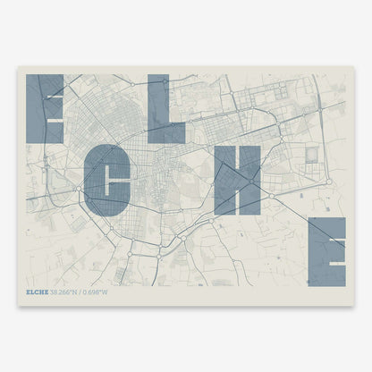 The map of Elche with letters of its name placed randomly, designed in bluish gray and an off-white background