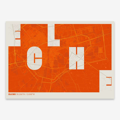 The map of Elche with letters of its name placed randomly, designed in orange and an off-white background