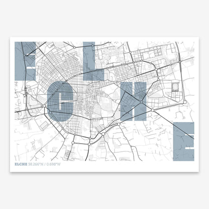 The map of Elche with letters of its name placed randomly, designed in black and white