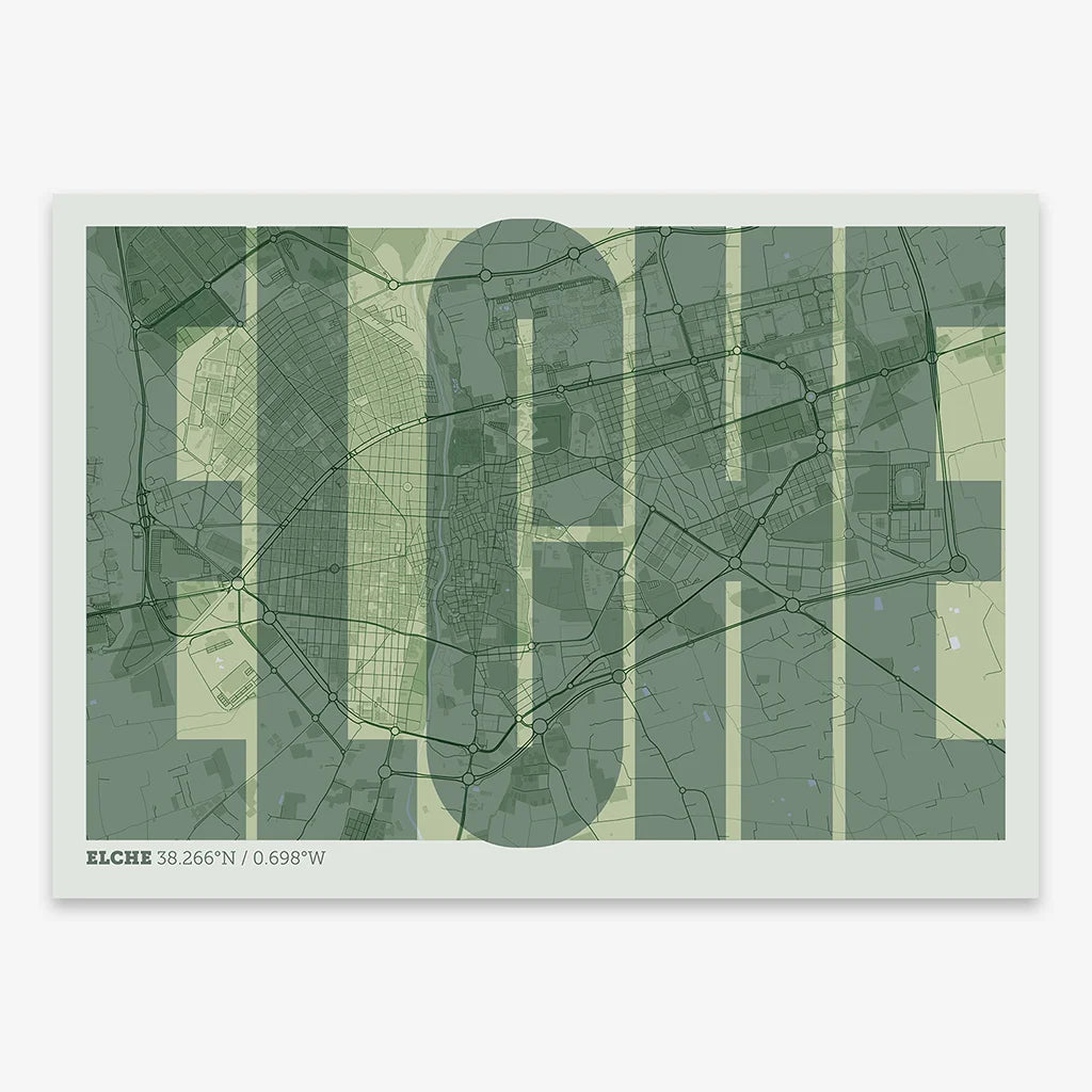 Decorative map of  and letters of its name in a giclée print designed in two green tones