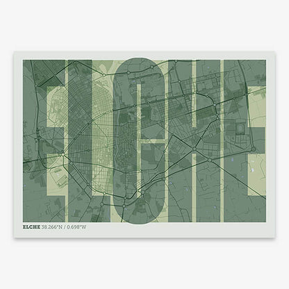 Decorative map of  and letters of its name in a giclée print designed in two green tones