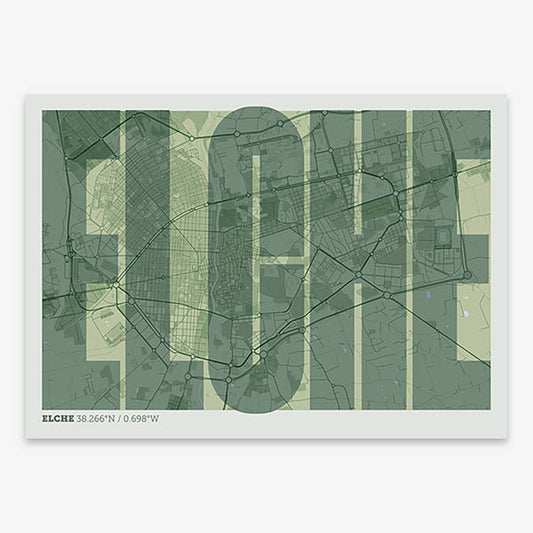 Decorative map of  and letters of its name in a giclée print designed in two green tones