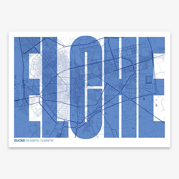 Decorative map of  and letters of its name in a giclée print designed in navy blue and white
