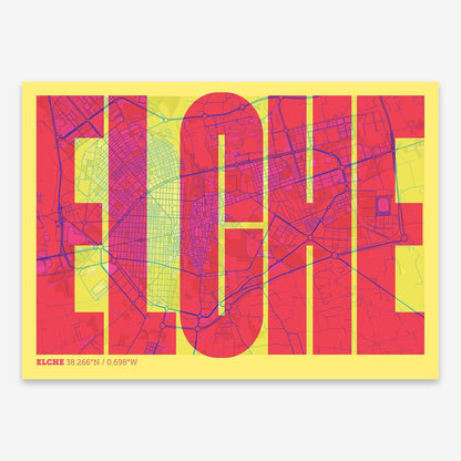 The map of Elche and letters of its name in a giclée print designed in yellow and fuchsia