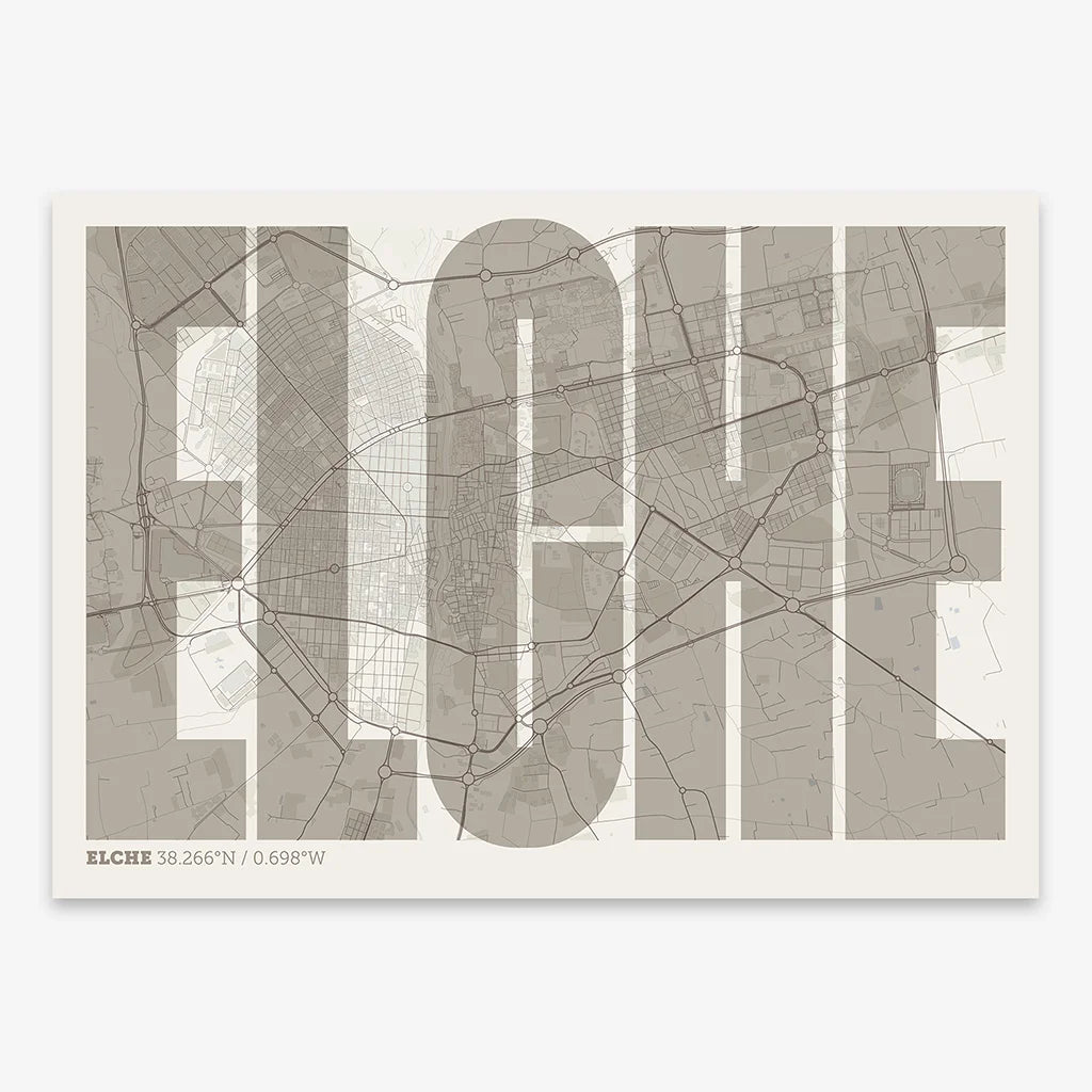 Decorative map of  and letters of its name in a giclée print designed in light brown and an off-white background