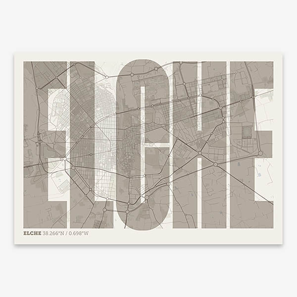 Decorative map of  and letters of its name in a giclée print designed in light brown and an off-white background