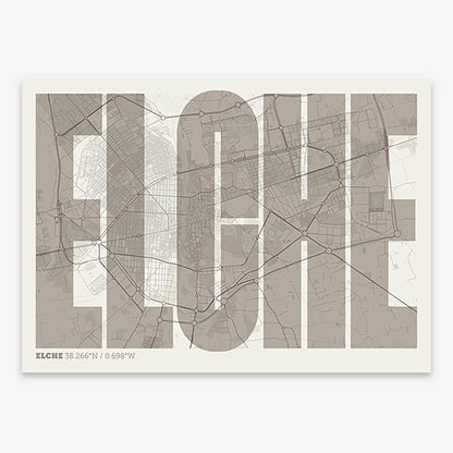 Decorative map of  and letters of its name in a giclée print designed in light brown and an off-white background