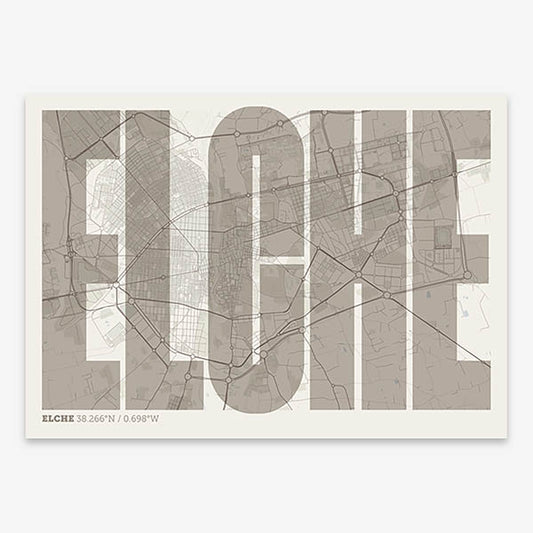 Decorative map of  and letters of its name in a giclée print designed in light brown and an off-white background