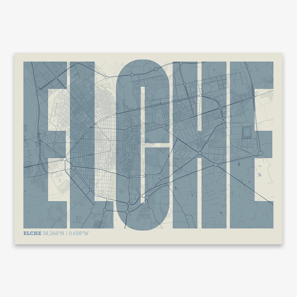 Decorative map of  and letters of its name in a giclée print designed in bluish gray and an off-white background