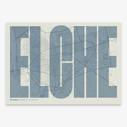 Decorative map of  and letters of its name in a giclée print designed in bluish gray and an off-white background