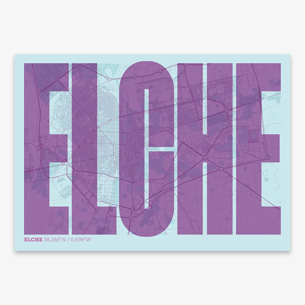 Decorative map of  and letters of its name in a giclée print designed in purple and light blue