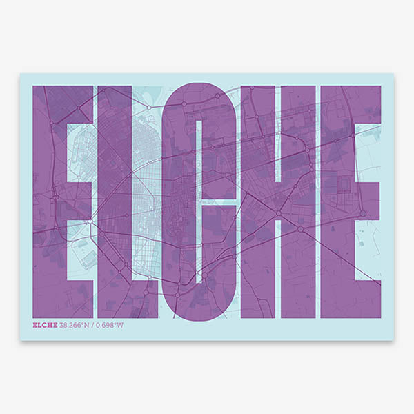 Decorative map of  and letters of its name in a giclée print designed in purple and light blue