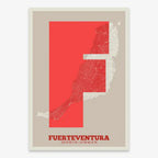The map of Fuerteventura in Super Bold design, a typographic poster where the city map is overlaid with extra-thick lettering for a modern, high-impact look designed in red and an off-white background