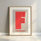 Framed Fuerteventura in Super Bold design, a typographic poster where the city map is overlaid with extra-thick lettering for a modern, high-impact look designed in red and an off-white background with a white margin border in a warm lit minimalist setting