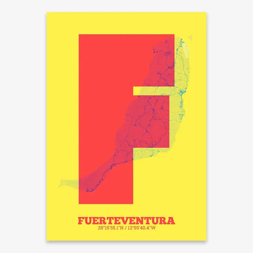 Mapa de Fuerteventura en diseño la Súper Bold, un póster tipográfico donde el mapa de la ciudad se fusiona con una tipografía extra gruesa para un impacto visual moderno diseñado en amarillo y fucsia