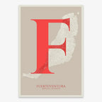 The map of Fuerteventura in Classic design, inspired by chiseled typography with an elegant font that creates a beautiful visual contrast designed in red and an off-white background