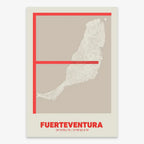 The map of Fuerteventura in Ultralight design, a minimalist aesthetic combining urban cartography with modern, extra-thin elegant lettering designed in red and an off-white background