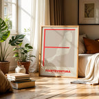 Modern interior design with a Fuerteventura in Ultralight design, a minimalist aesthetic combining urban cartography with modern, extra-thin elegant lettering designed in red and an off-white background, displayed on a living room wall