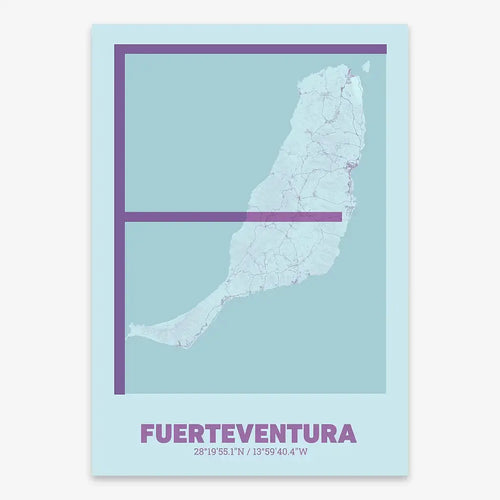 Mapa de Fuerteventura en el diseño la Ultrafina, una estética minimalista que combina cartografía urbana con letras modernas, finas y elegantes diseñado en púrpura y azul claro